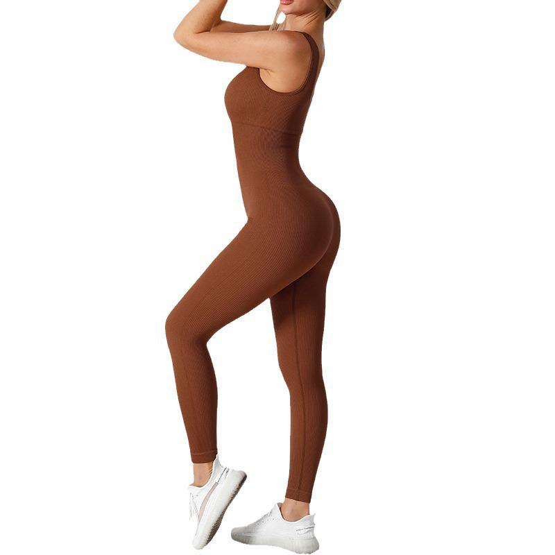 Seamless Ribbed Knit Jumpsuit with Chest Pad for Yoga and Fitness