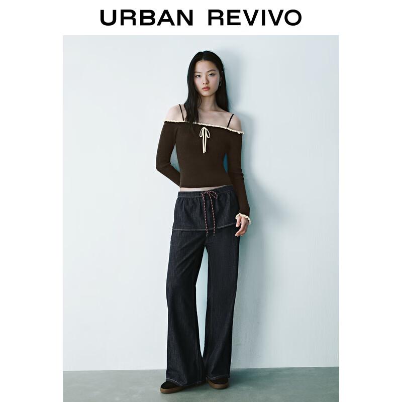 

Women s 2025 Spring Color Block Bow Off-Shoulder Short Knit Top XL