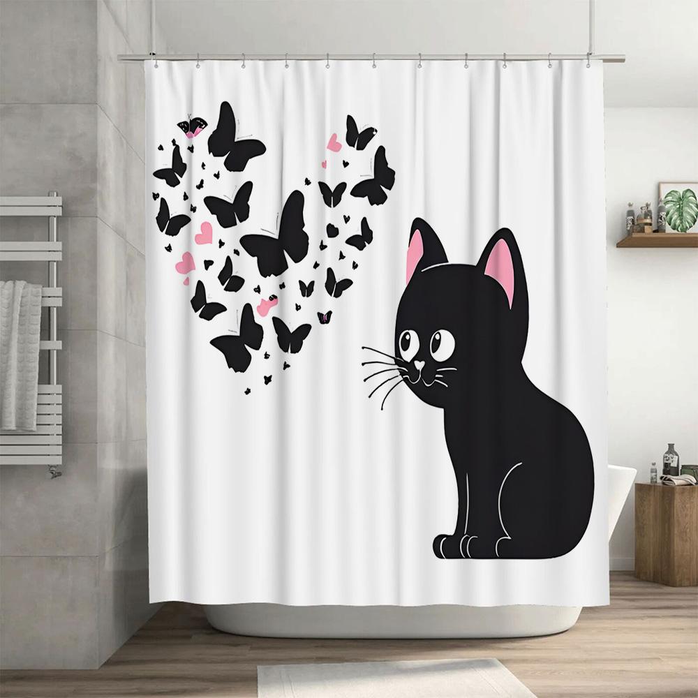 Black Cat Butterfly Shower Curtain Cute Decorative Fabric Waterproof Bath Mat Cover For Bathroom Decoration Home Accessories