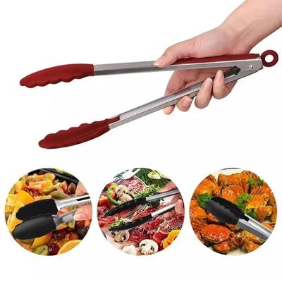 11-Zoll Silikon-Lebensmittelzange Küche Hitzebeständig Edelstahl BBQ-Zange Grill Lebensmittelqualität Silikonspitze Anti-Rutsch Lebensmittelzange