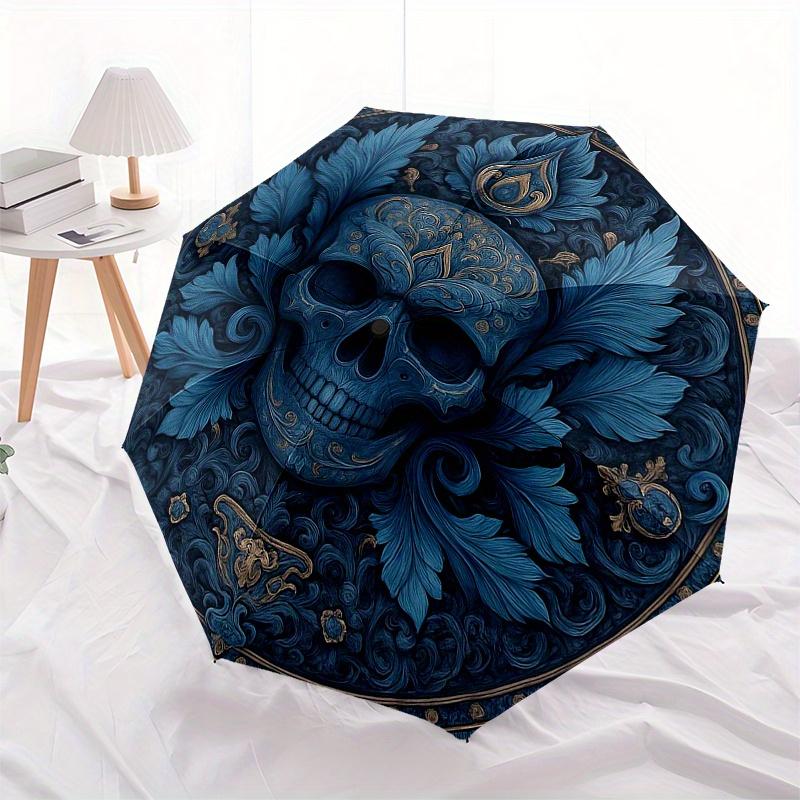 Elegant Blue Floral Skull Decorative PlateUmbrella, Portable 3-Fold Umbrella for Men & Women,Christmas Gift ES339