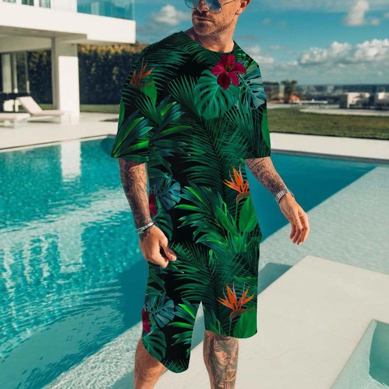 Men's Hawaiian Full Print Suit Casual T-shirt Beach Pants Suit