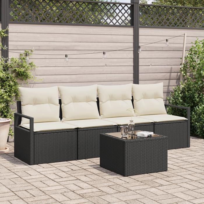 Ensemble de canapé de jardin 5 pièces avec coussins noir en rotin synthétique, Canapé de jardin 2 places avec rangement et 3354916