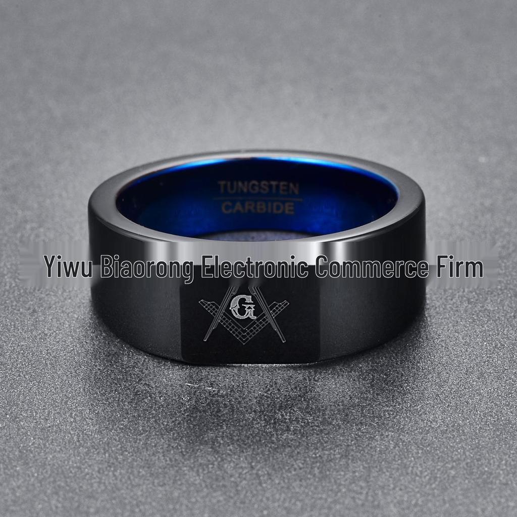 Freemason Symbol Black-Blue Laser Tungsten Steel Men's Ring