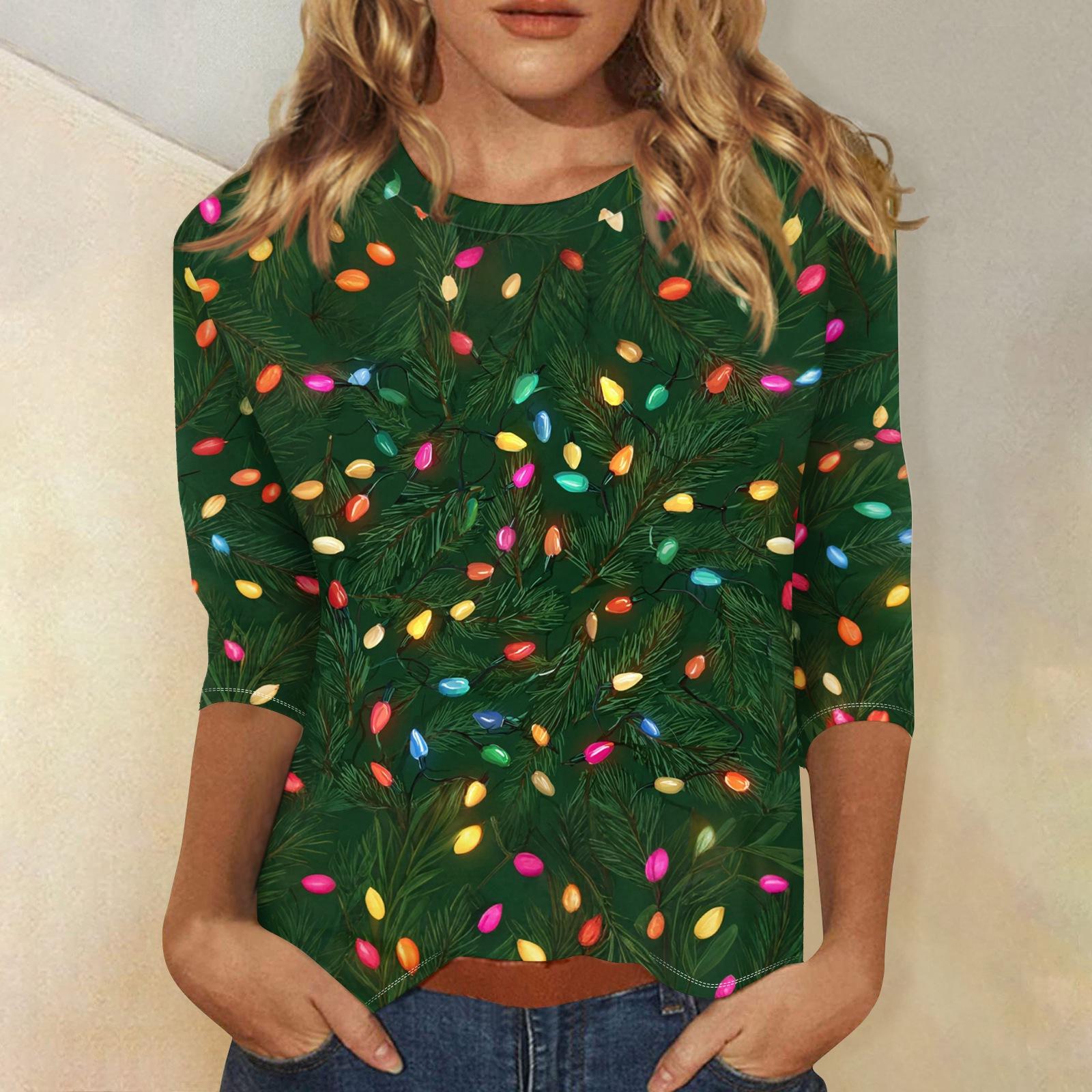 

Women s Fashionable And Casual Three-quarter Sleeve Christmas Printed Round-neck Top L