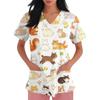 Damen V-Ausschnitt Kurzarm Arbeits-Top mit Taschen Tierprint Kasack für medizinisches Fachpersonal Bequeme Passform