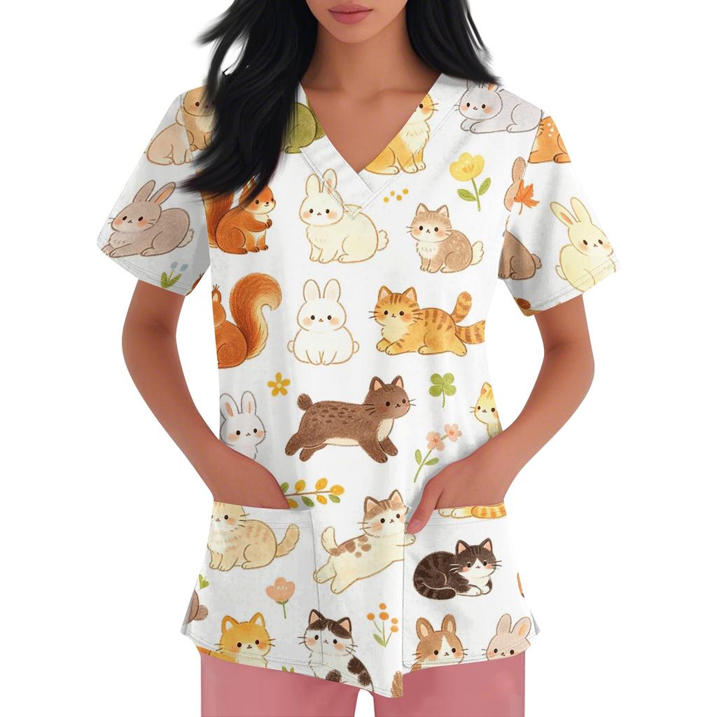 Damen V-Ausschnitt Kurzarm Arbeits-Top mit Taschen Tierprint Kasack für medizinisches Fachpersonal Bequeme Passform