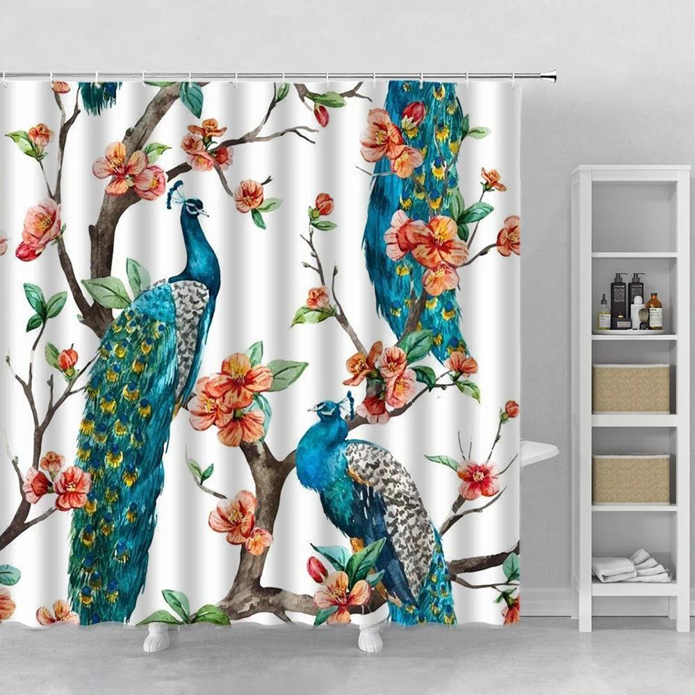 Flower Shower Curtain Set Orchid Teal Rose Plant Floral Leaves Print Bathroom Decor Fabric Bath Curtain Bathtub Accessories Hook