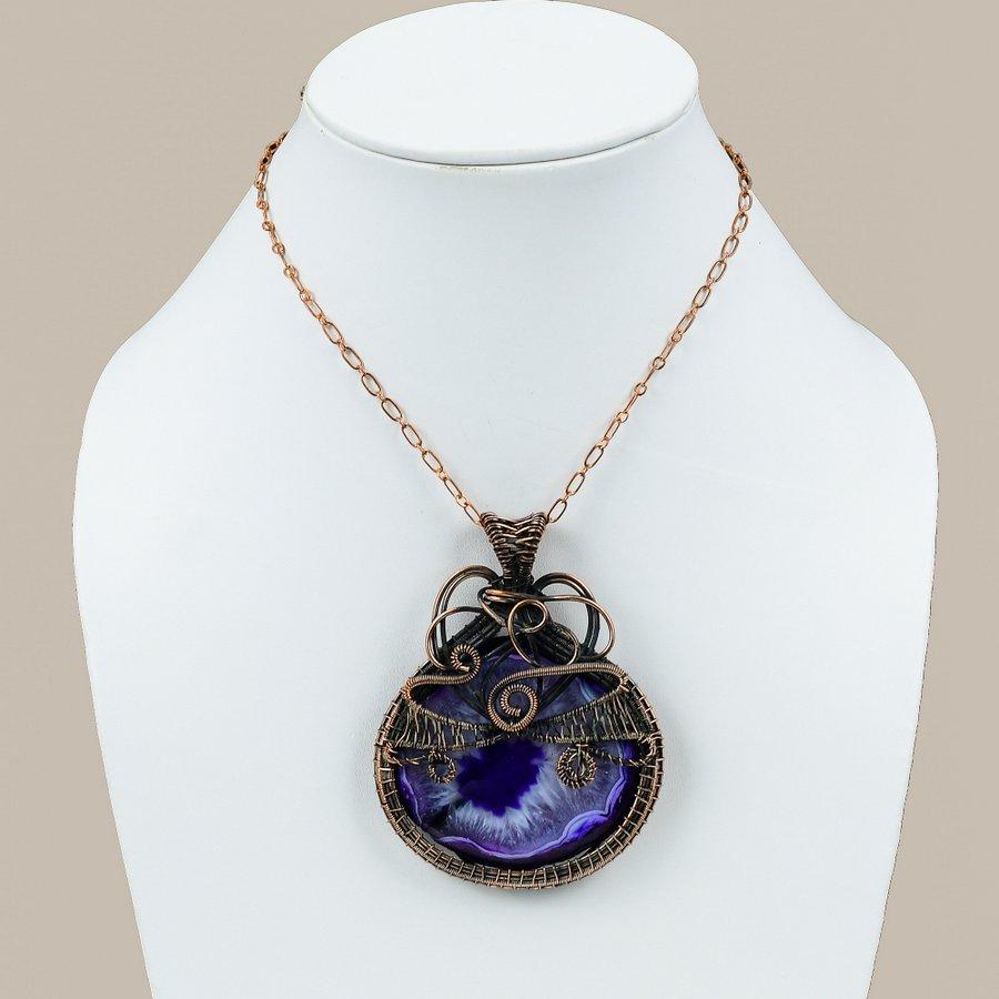 Natural Purple Solar Quartz Gemstone Copper Wire Wrap Gift Pendant 3.31" E9P97