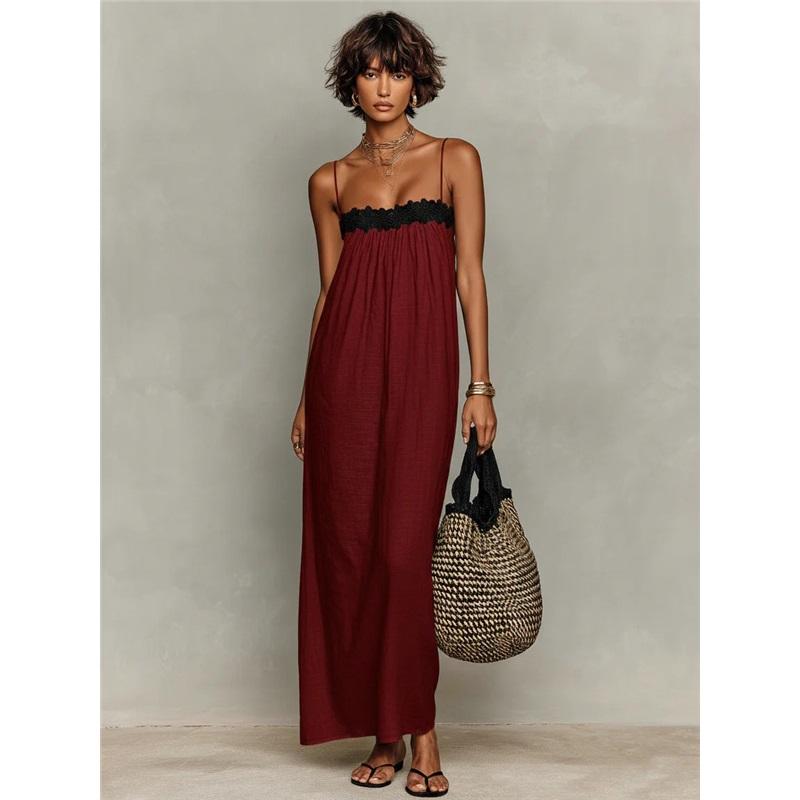 Robe longue d'été décontractée pour femme avec bordure en dentelle et bretelles fines, sans manches, ample XXXL bordeaux