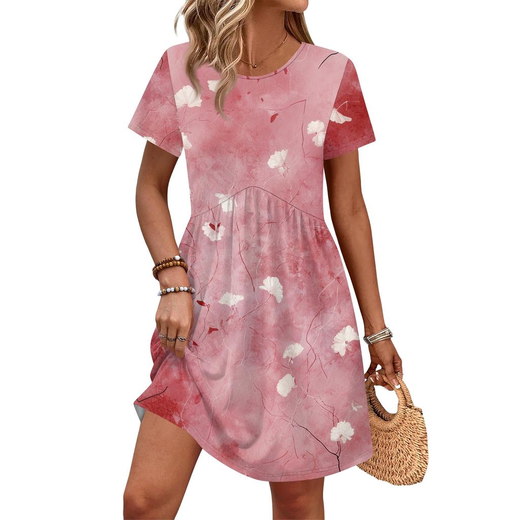 Dresses For Women Short Sleeve Print Round Neck Casual Dresses Waist Dress With Pockets
