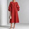 Women's 3D Floral Sleeves Round Neck Button Front Loose Fit Midi Dress for Vacation