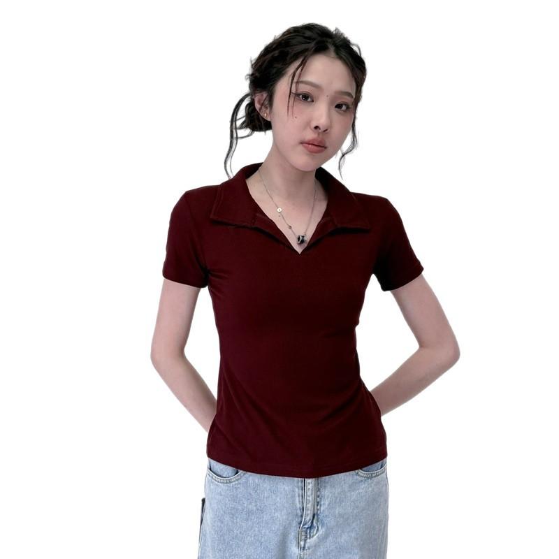 

Новая женская футболка-поло с короткими рукавами на лето с уникальным дизайном плиссировки и приталенной талии XXL вино красного
