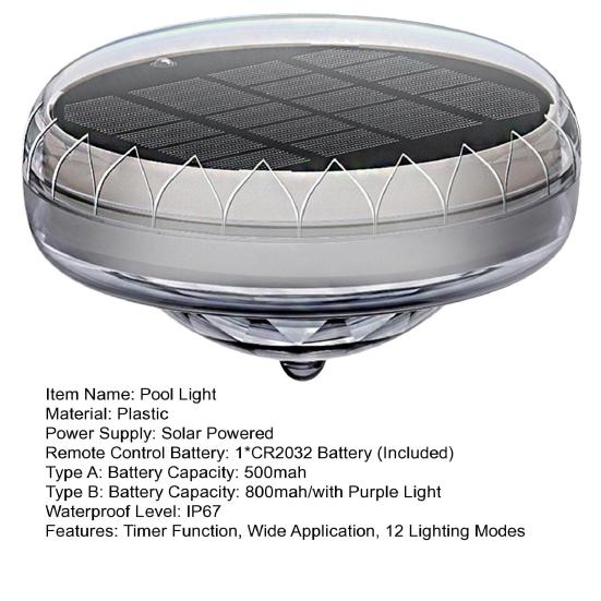Lumière de Piscine Flottante Solaire avec Télécommande 12 Modes d'Éclairage Fonction Minuterie Étanche IP67 Lumière Flottante Solaire pour Piscines