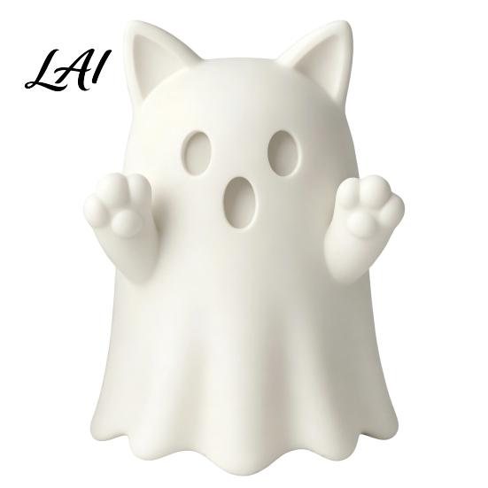Collectible Art Figures 3D Printed Cute Ghost Cat Figurine Wink Smile Surprise Spooky Halloween Decor Lover Gifts Blank White DIY Paintable Statue,