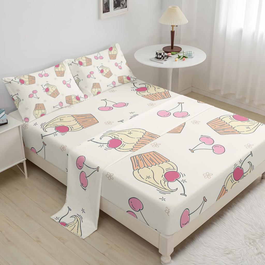 Cartoon Fruit Strawberry Pattern Bed Hat Four-Piece Bedding Set Bedroom Dormitory Bedding Decoration