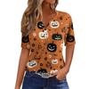 Women Casual Halloween Print V Neck Short Sleeve Button Decor T Shirt Top Lightweight Comfortable Fashionable Design