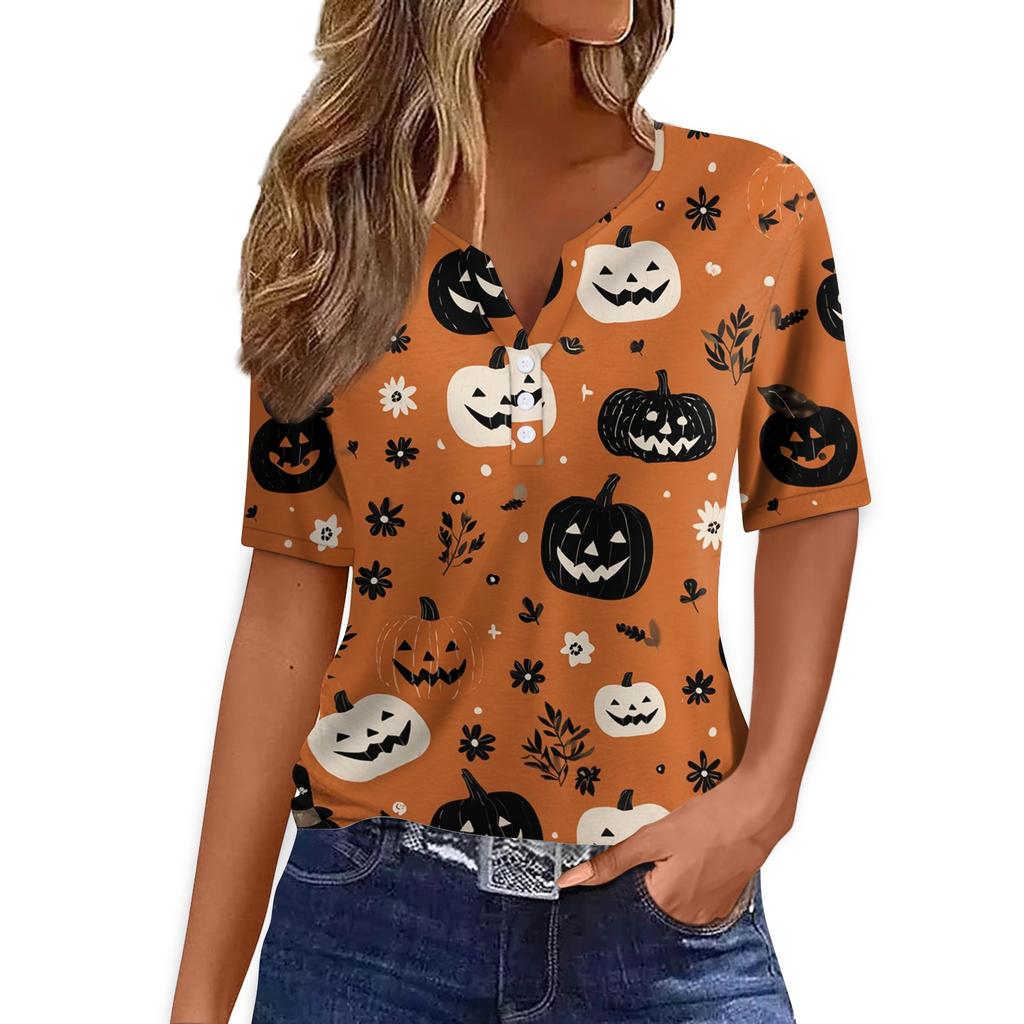 Women Casual Halloween Print V Neck Short Sleeve Button Decor T Shirt Top Lightweight Comfortable Fashionable Design