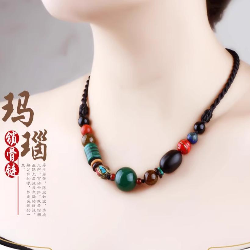 GEMCHIC Women s Vintage Bohemian Green Agate Necklace Ethnic Style Beaded Choker Collarbone Chain Jewelry