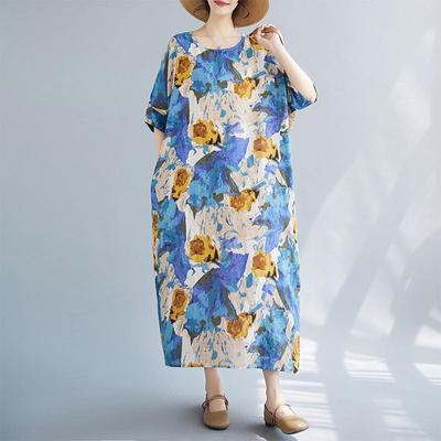 Κοντό μανίκι Plus size βαμβακερό vintage φλοράλ νέο σε φορέματα για γυναίκες casual φαρδύ μακρύ καλοκαιρινό φόρεμα