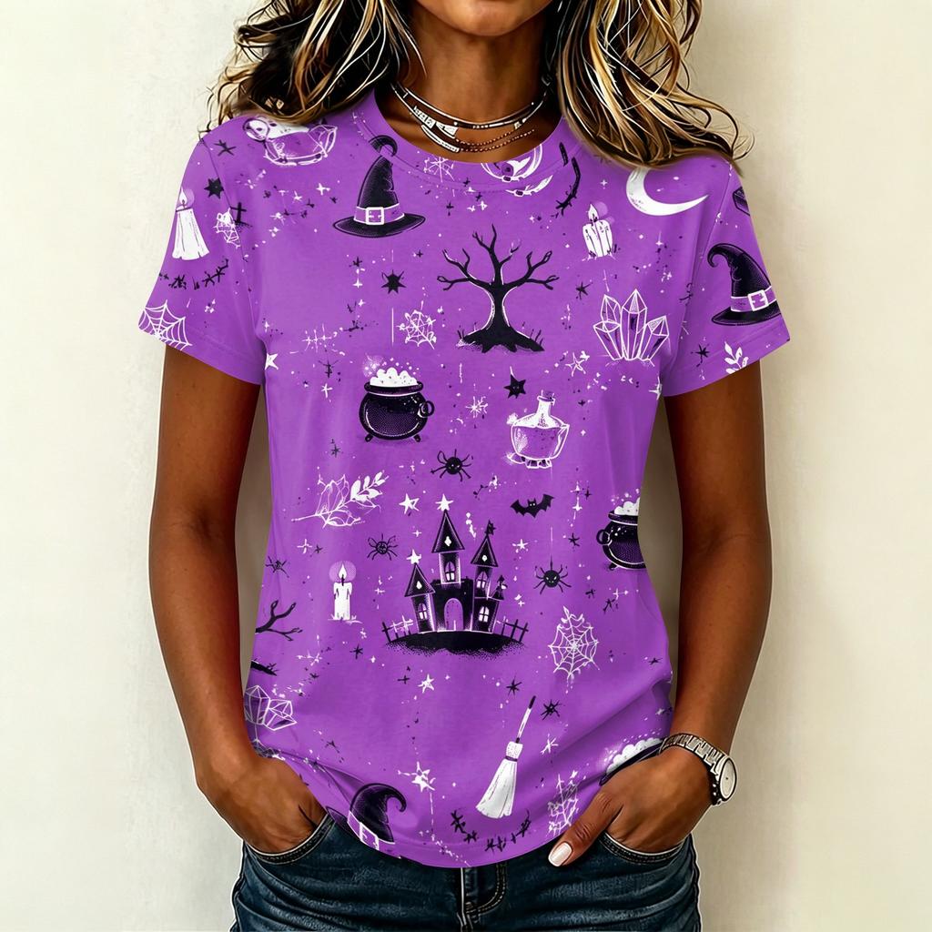 Ladies Casual Pullover Short Sleeve T Shirt Halloween Print Crew Neck Top Halloween Themed Graphic Tee for Women