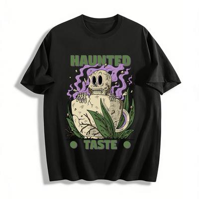 Vintage Haunted Skull Cup Print T-shirt Halloween Spooky Style Casual Breathable Cotton Top Pure Cotton T-shirt