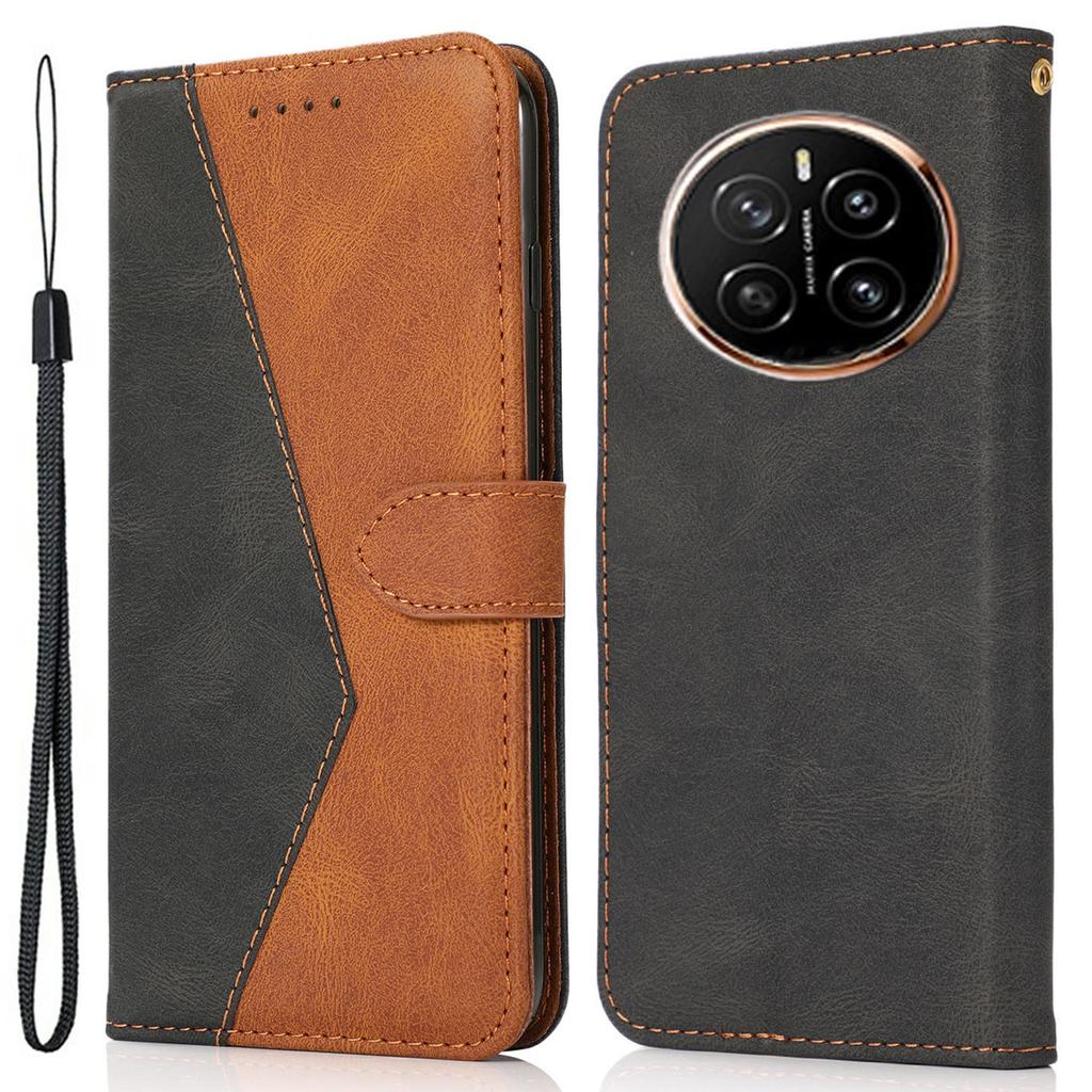 For Honor Magic7 Pro 5G Case Color Splicing Wallet Stand Leather Phone Cover with Wrist Strap