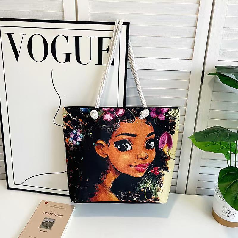 Versatile Women's Large Capacity Foldable Tote Bag with Zipper - Cross-Border Fashion, Printed Single-Shoulder, Perfect for Shopping or Beach.