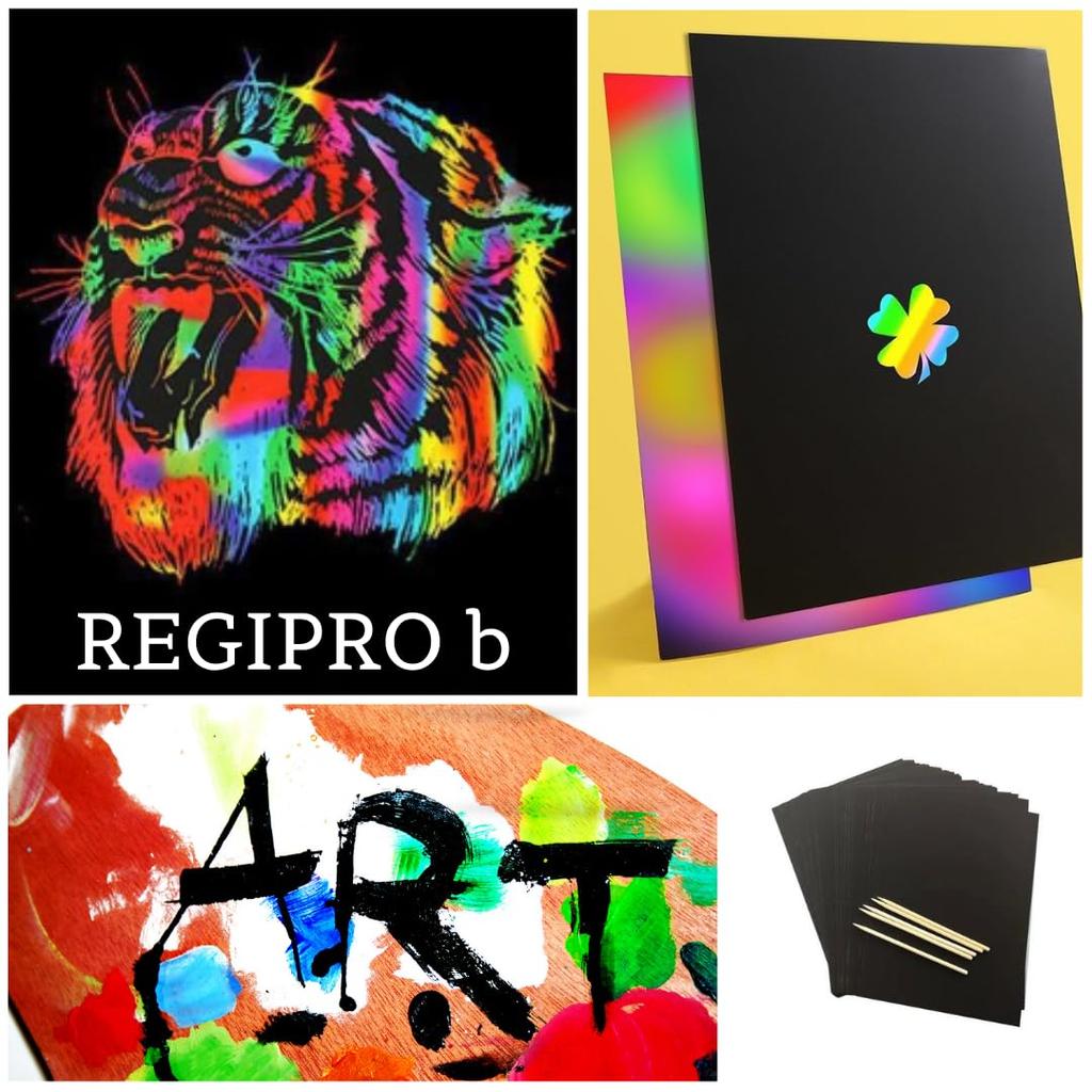 RegiProb A4 Scratch Paper and Bamboo Pen Set for Blank Rainbow Colorful Sheets 10 Bamboo Adults, Scratchboard, Paper, (100 & Pens)