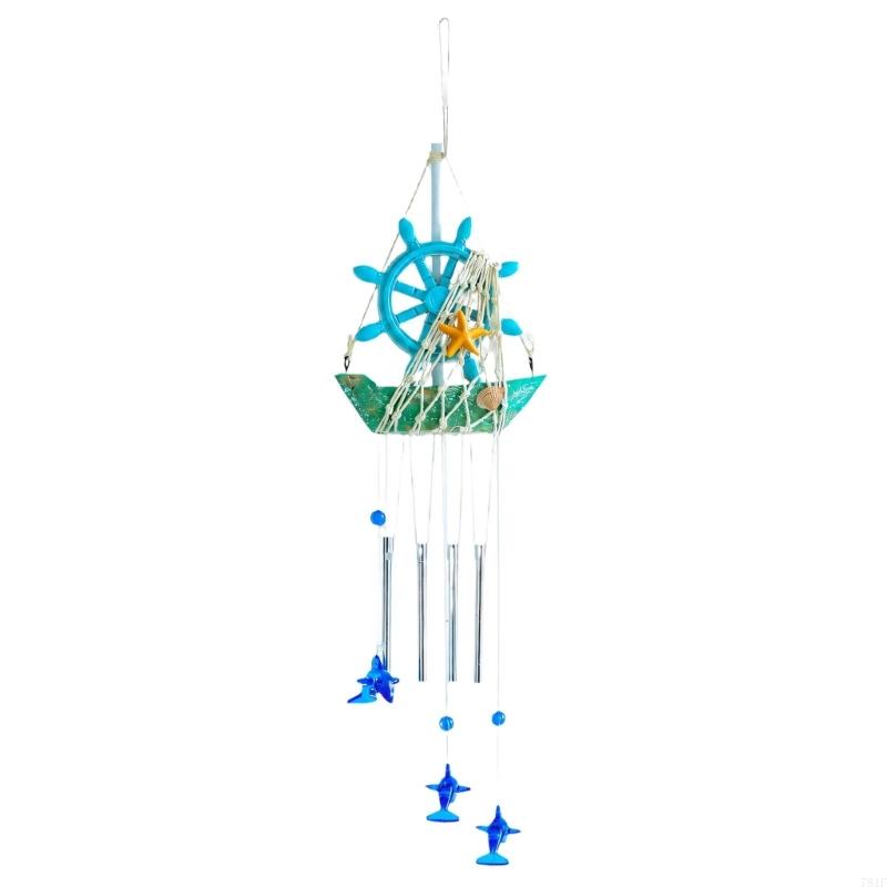 Sailboats Wind Chimes with Rope Net Detailing, Dolphins Pendants and Starfishes Features for Indoor Hanging Display