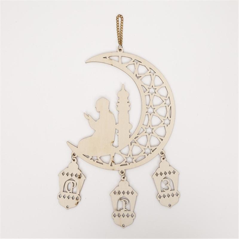 Eid Mubarak Home Decoration Golden Moon and Star Wood Holiday Pendant Decorative Hanging Ornament for Home Office