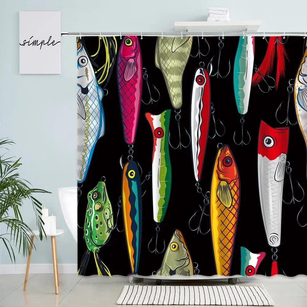 Tende da Doccia Pesci Cartoni Animati Amo da Pesca Rana Vita Marina Stampa Moderna Tessuto Decorazione Parete Casa Bagno Set Tende da Bagno Bianche