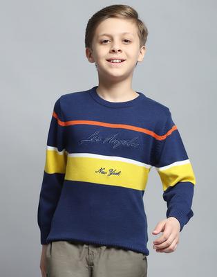 Boys Printed Navy Blue Round Neck Full Sleeve Pullover