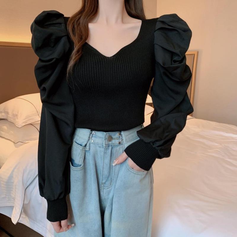 2025 Spring French Collarbone Square Neck Puff Sleeve Cropped Top