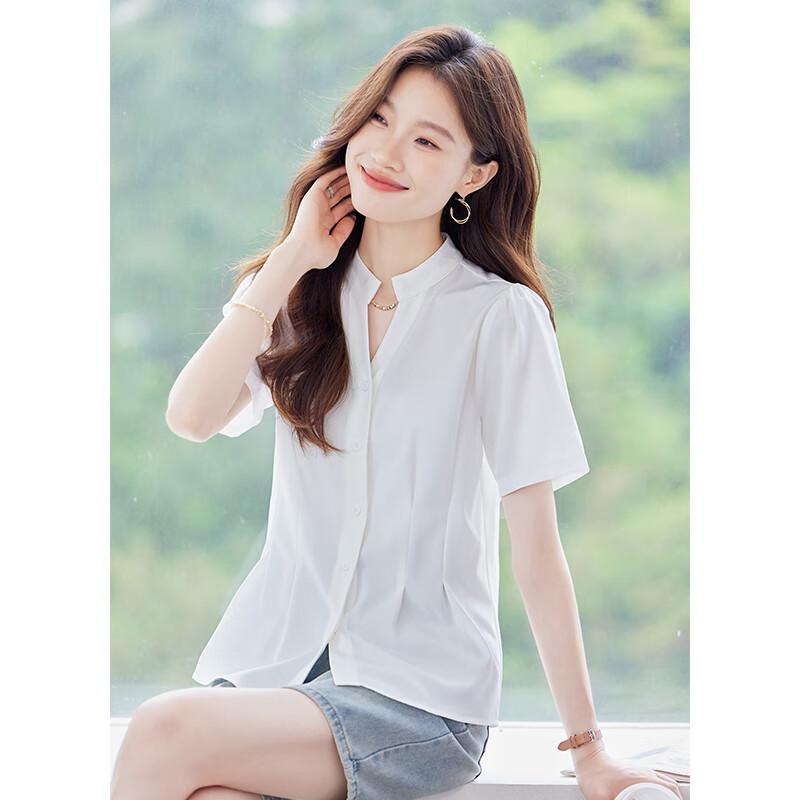 Teluoman Women's Elegant V-Neck Chiffon Short-Sleeve Blouse