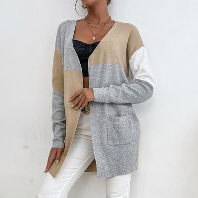 Temperament and Elegance Outer Wear Autumn and Winter Fashion Knitted Long-sleeved Colorblocked Sweater Cardigan Women