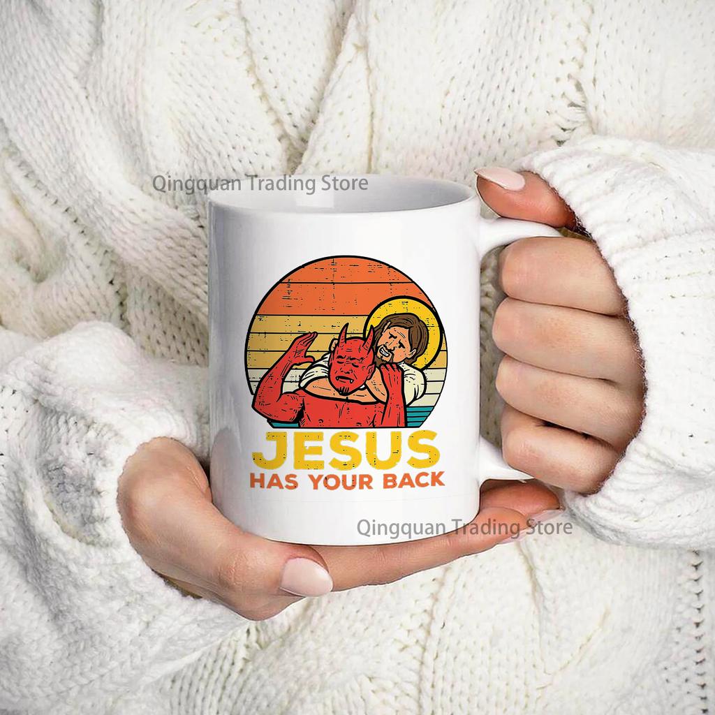 Jesus Has Your Back Jiu Jitsu Retro Christian  Enamelled Cup Coffee Mug 11oz Ceramic Coffee Tea Cocoa Cup Handle Tea Drink Cup