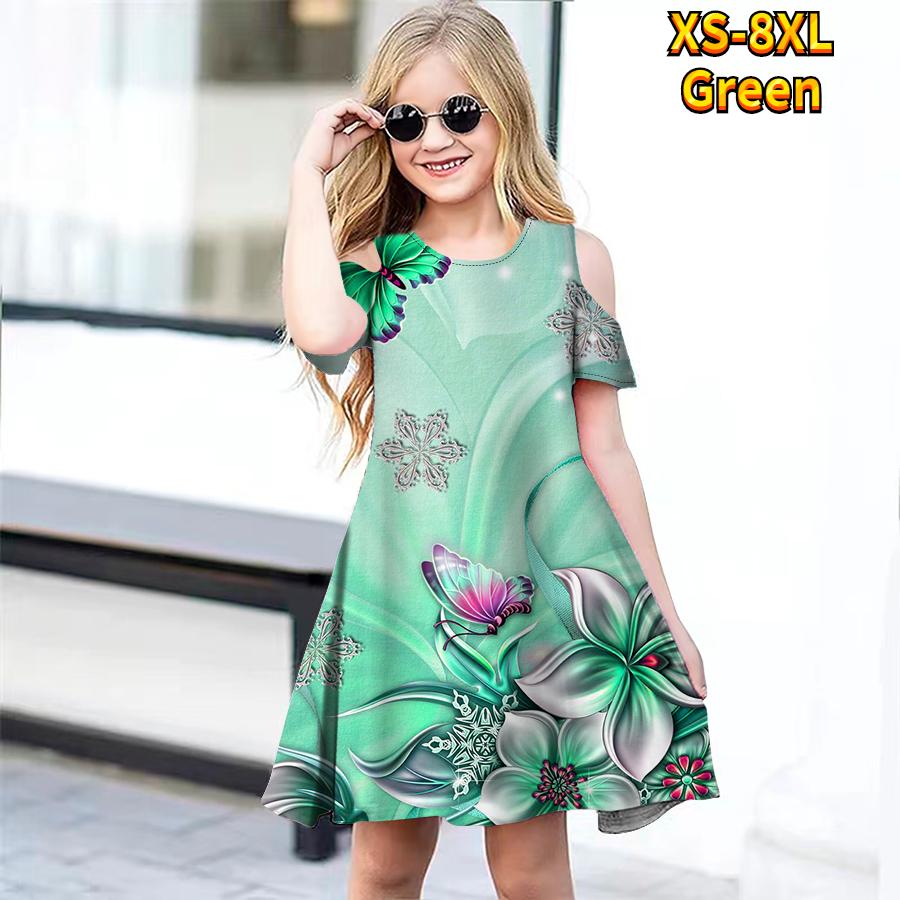 

Платья с цветочным керамическим цветочным принтом для девочек, детское праздничное платье с открытыми плечами для девочек, платье принцессы, платье с короткими рукавами для девочек старше 4 лет 130 зелёный