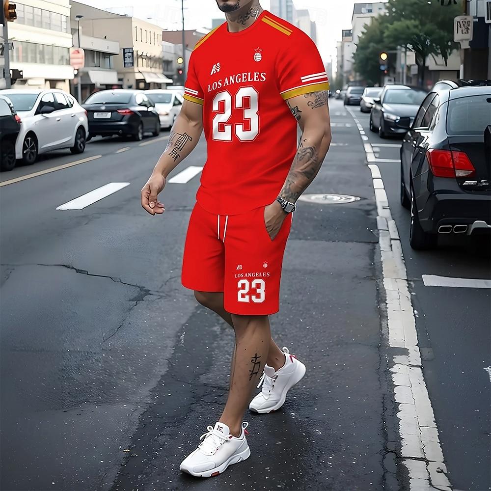 Men's Letter & Number 2pcs Tees sets Summer Tops Short Sleeve Short Pants Crew Neck Sport Casual Sports & Outdoor Daily 3D Print Summer Black Red Blue