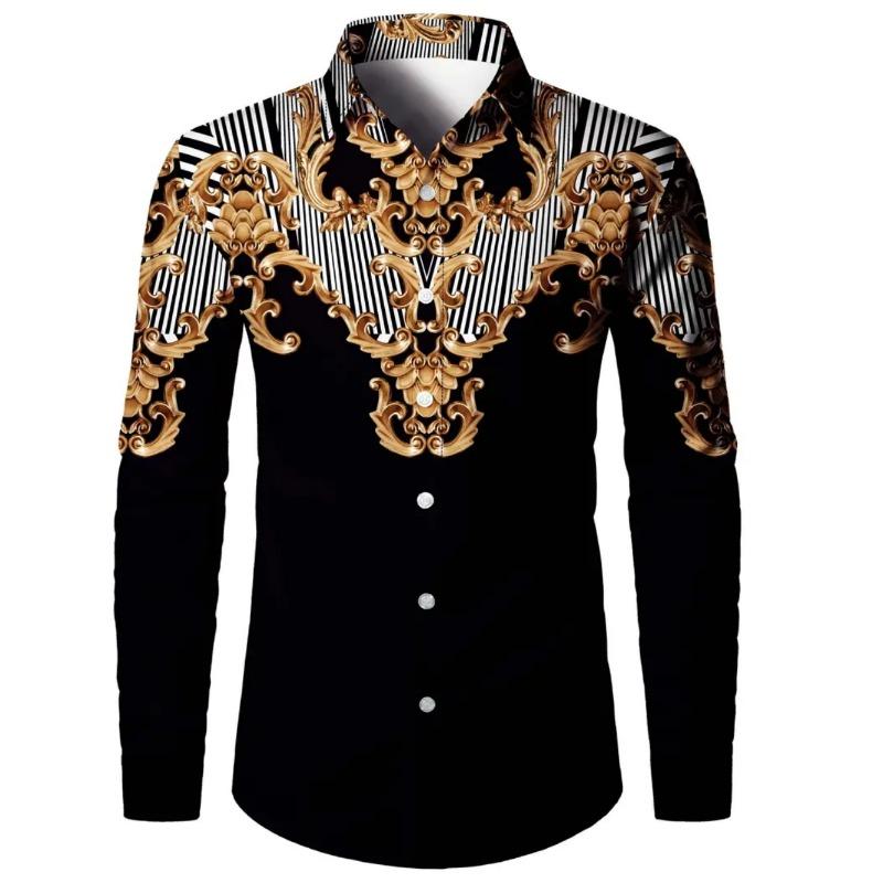 Men's Casual Long Sleeve Lapel Shirt Retro Ethnic Floral Print Fashion Loose Comfortable Long Sleeve Shirts for Man Simple Top