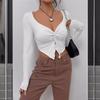 Ladies Spring Summer Long Sleeve V Neck Solid Color Knot Irregular Pullover Casual T Shirt Crop Top