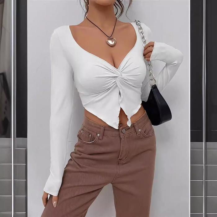 Ladies Spring Summer Long Sleeve V Neck Solid Color Knot Irregular Pullover Casual T Shirt Crop Top