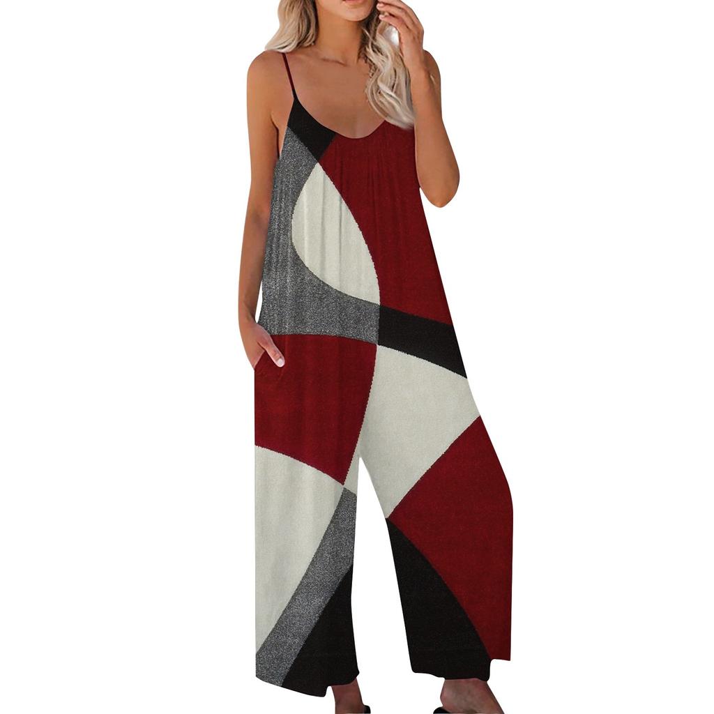 Damski modny swobodny kombinezon z nadrukiem patchworkowym, luźny kombinezon na szelkach