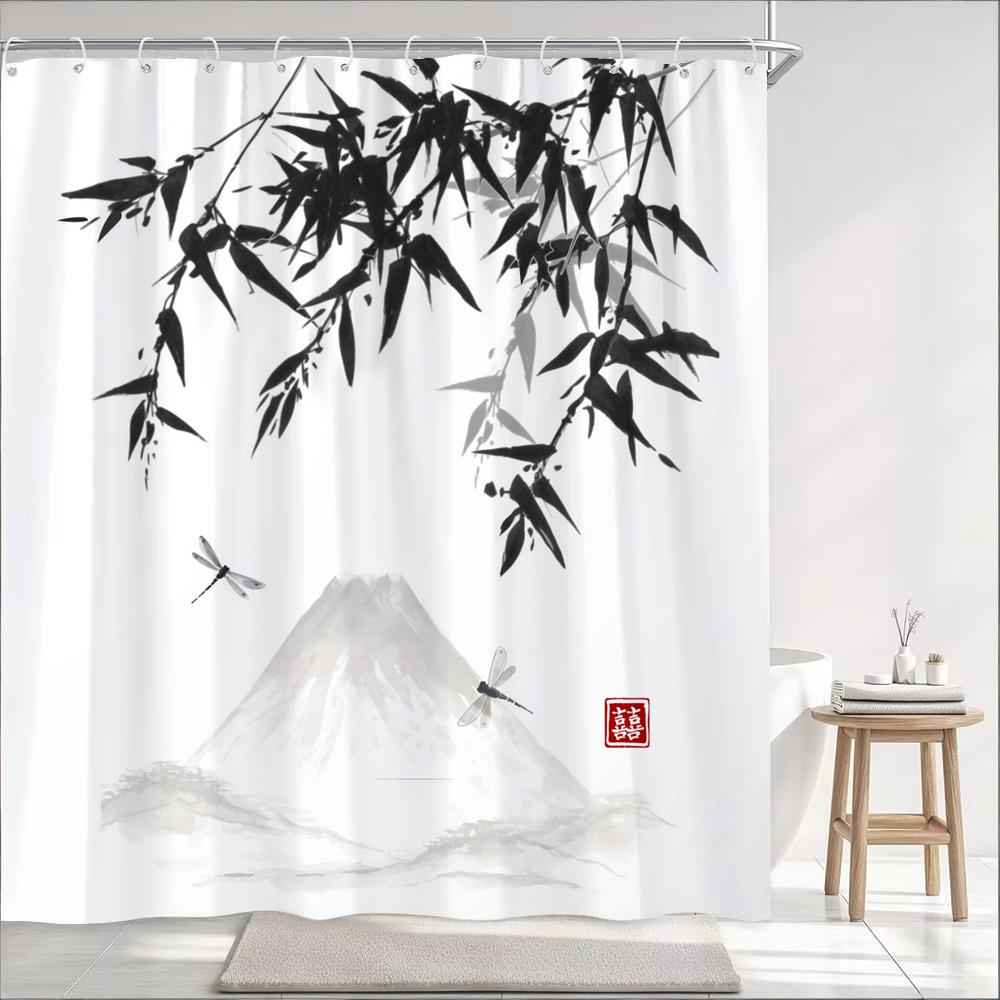 Japanese Wave Mount Fuji Plum Blossom Flower Printied Shower Curtain Waterproof Polyester Fabric Bathroom Curtains with 12 hooks