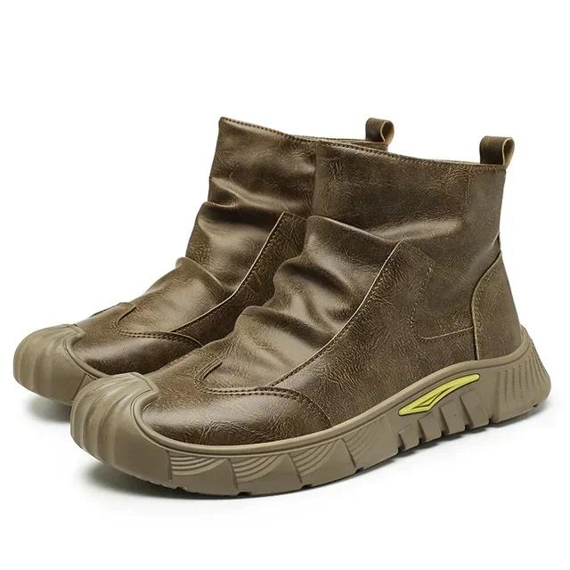New Retro Men's Ankle Boots with Zipper, Casual High Top Men's Hiking Boots, Classic Leather Boots, Fashionable Motorcycle Shoes
