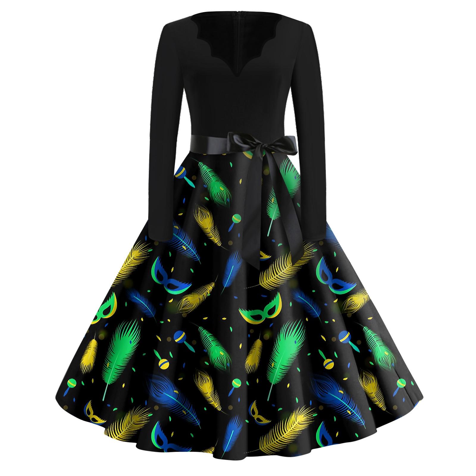 

Женская мода с v-образным вырезом, повседневные тонкие платья Mardi Gra с длинными рукавами и принтом L чёрный