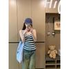 Kumikumi Gyaru Style Blue Stripe Sexy Temperament Halter Top Women Summer Waist Hugging Slimming Versatile Top