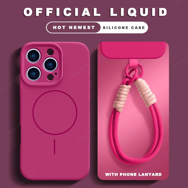 Liquid Silicone Lanyard Magnetic Phone Case For iPhone 16 14 15 Plus 11 12 13 16 Pro Max Magsafe Charge Strap Protector Cover