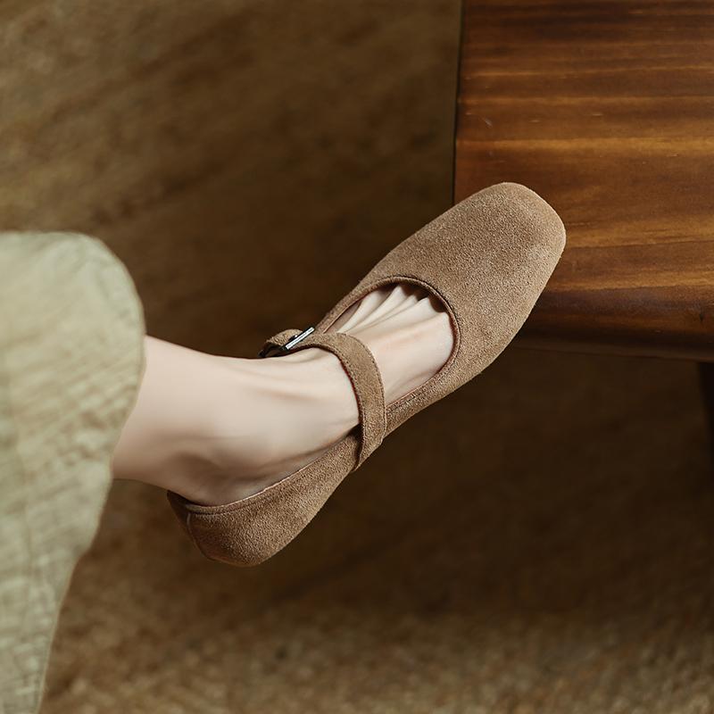 Fashion Women Mary Jane Ballet Shoes Cow Suede Genuine Leather Flats Woman Classic Square Toe Fashion Street Flats Ladies Soft Loafers