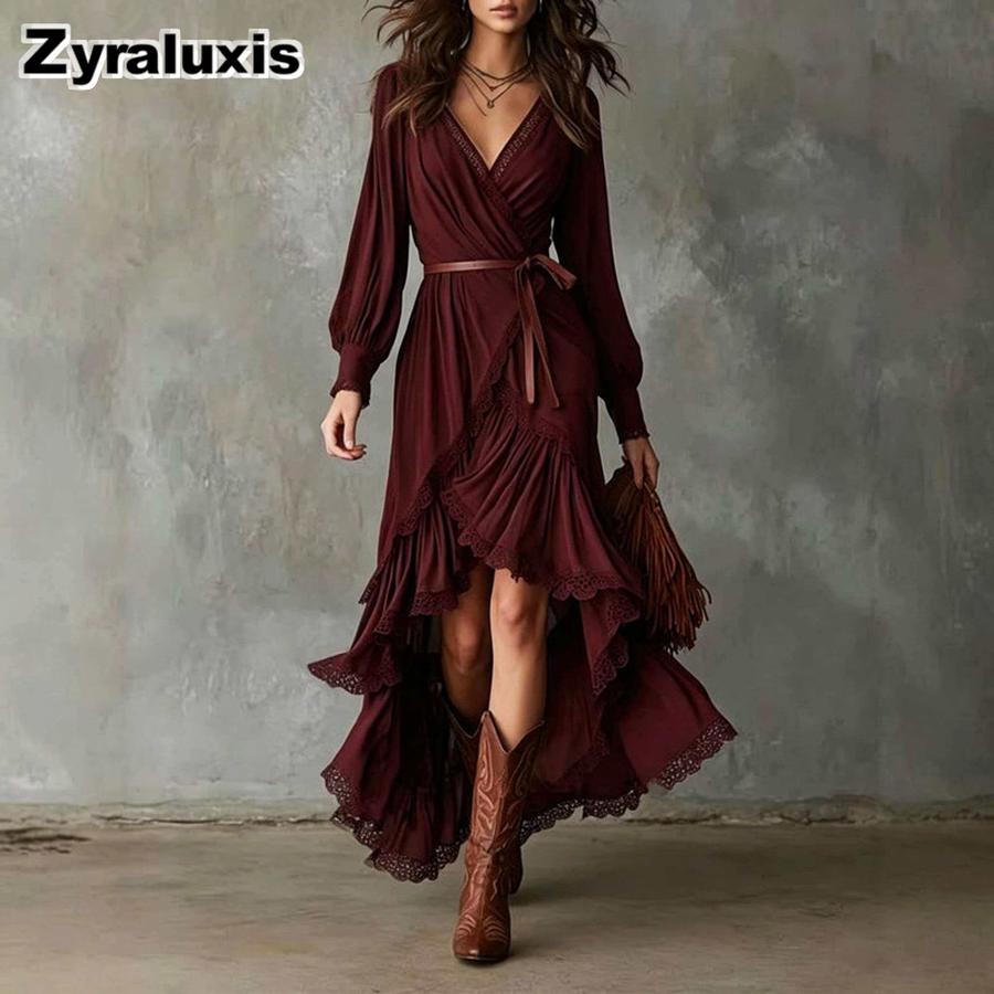 Bohemian Urlaubsstil V-Ausschnitt Spitzenbesatz Rüschen Mehrlagig Asymmetrisch Rock Stufenkleid L rot